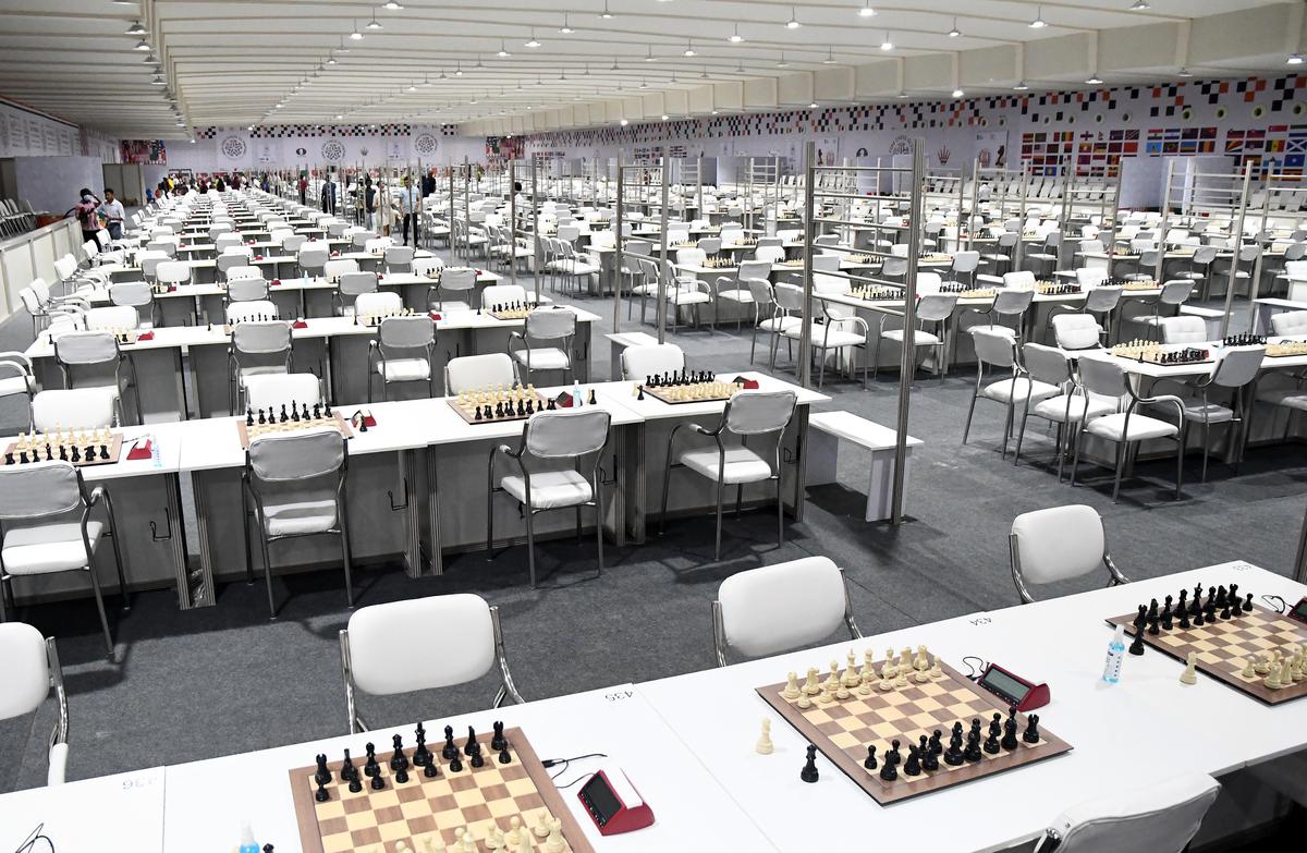 A file photo of a digital chessboard on a player's table during the 44th Chess Olympiad in Mamallapuram, near Chennai