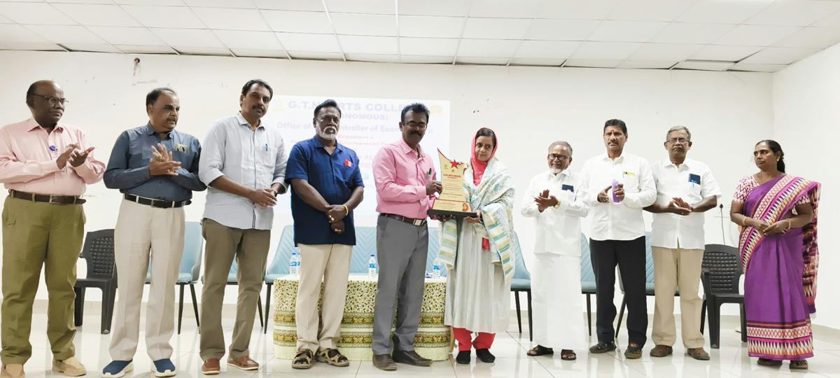 A. Jahitha Begum from GRI being felicitated at GTN Arts College, Dindigul.