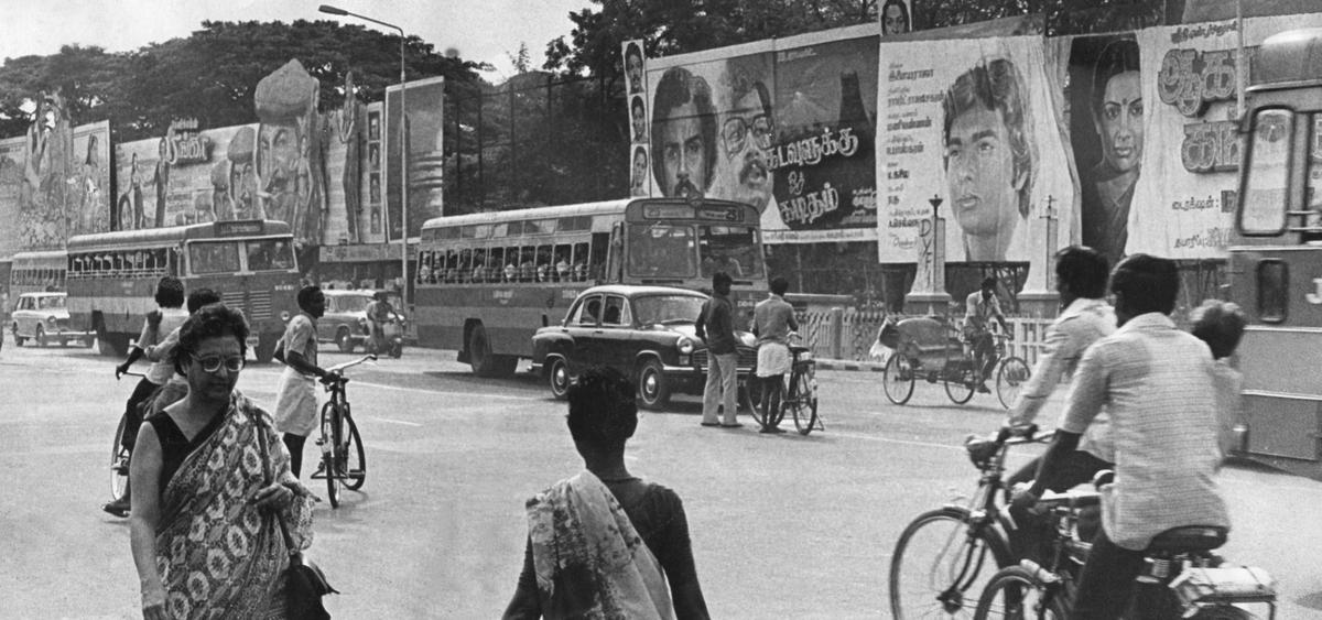 Films everywhere: The cinema hoardings put up on Annal Salai near Safire, as snapped on June 23, 1982. 