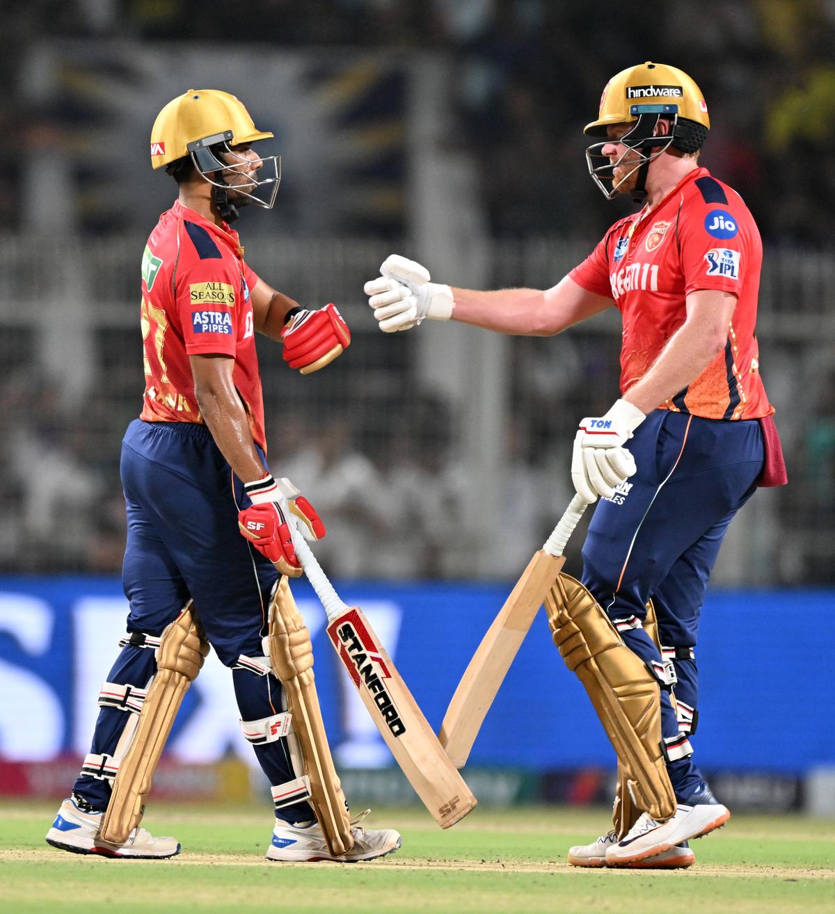 Jonny Bairstow and Shashank Singh celebrate after a boundary during the IPL match between Kolkata Knight Riders and Punjab Kings.