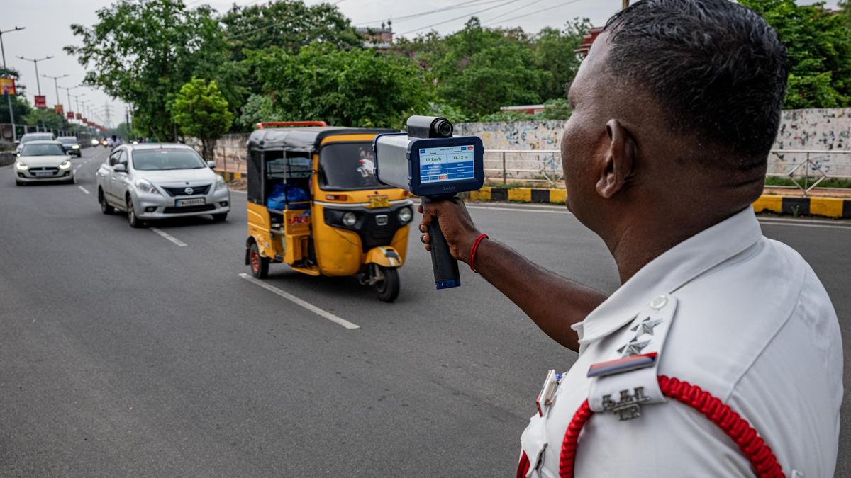 Tiruchi city traffic police use speed guns to check overspeeding of vehicles