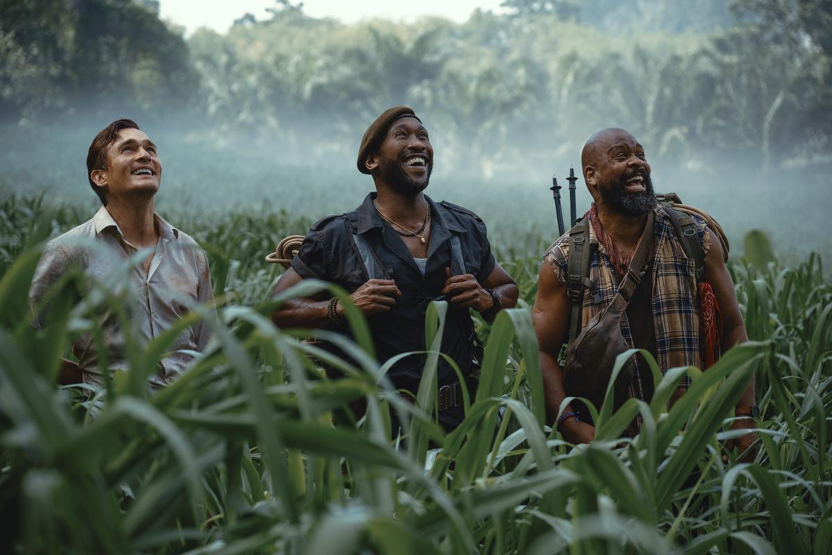 Rupert Friend, from left, Mahershala Ali, and Bechir Sylvain in a scene from ‘Jurassic World: Rebirth.’ Rupert Friend, from left, Mahershala Ali, and Bechir Sylvain in a scene from ‘Jurassic World: Rebirth.’