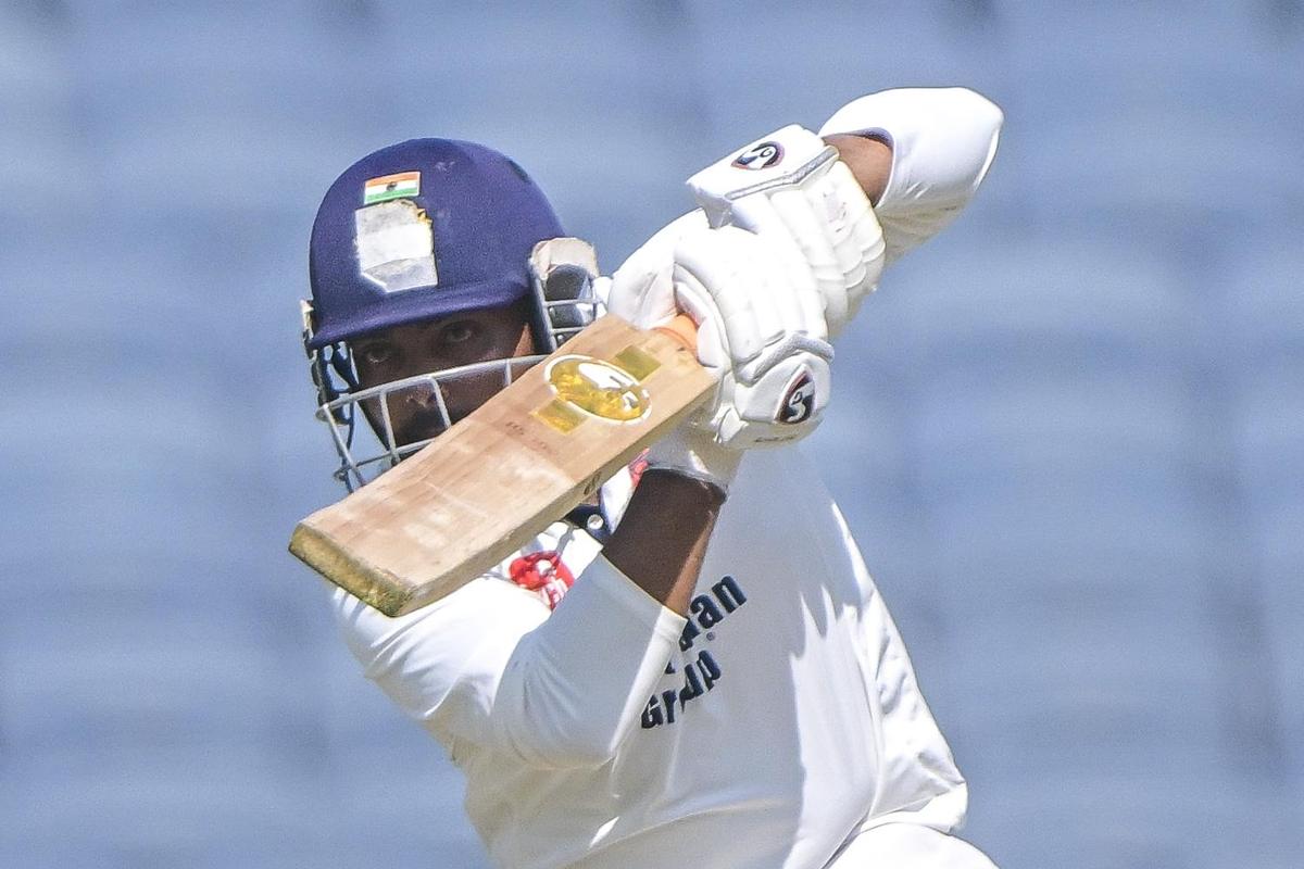 Maharashtra’s Prithvi Shaw plays a shot on the second day of Ranji Trophy match against Karnataka at the MCA Stadium in Pune on Sunday, November 9, 2025.
