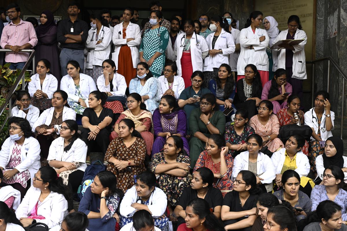 Telangana Junior Doctors Association protesting at Gandhi Hospital, in Secunderabad, on Tuesday. 