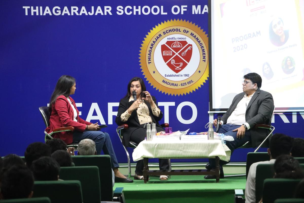 A session on entrepreneurship at Thiagarajar School of Management.