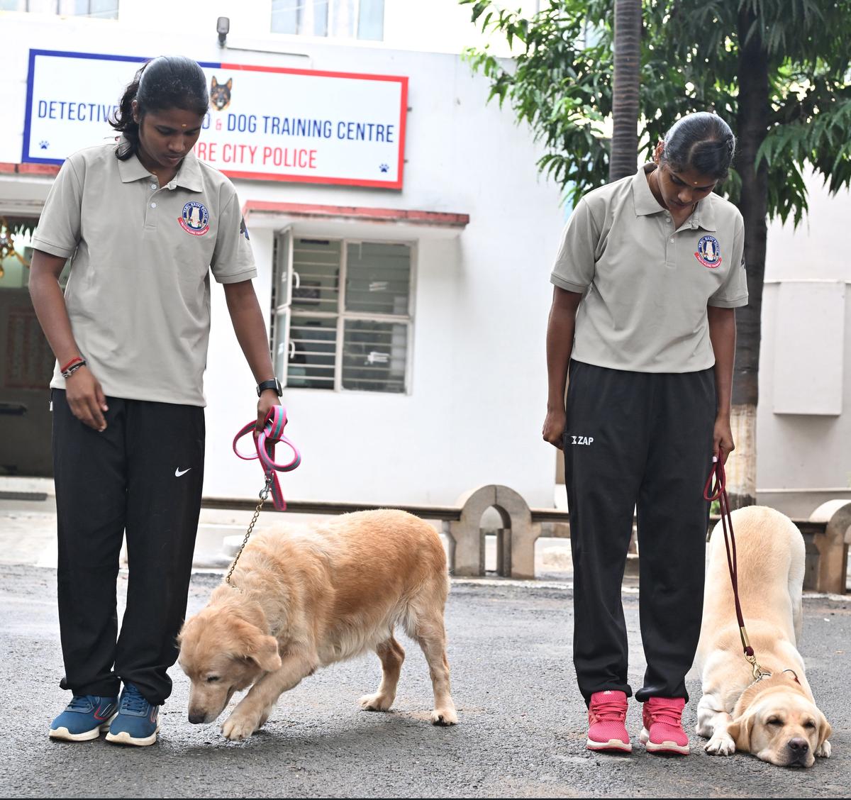 FOR COIMBATORE, 15/10/2024:
 (for Metroplus story):
For the first time in Tamil Nadu, two women constables, P Bhavani and S Kavipriya, have been appointed as sniffer dog handlers by Coimbatore City Police.
PHOTO: Siva Saravanan S / The Hindu.