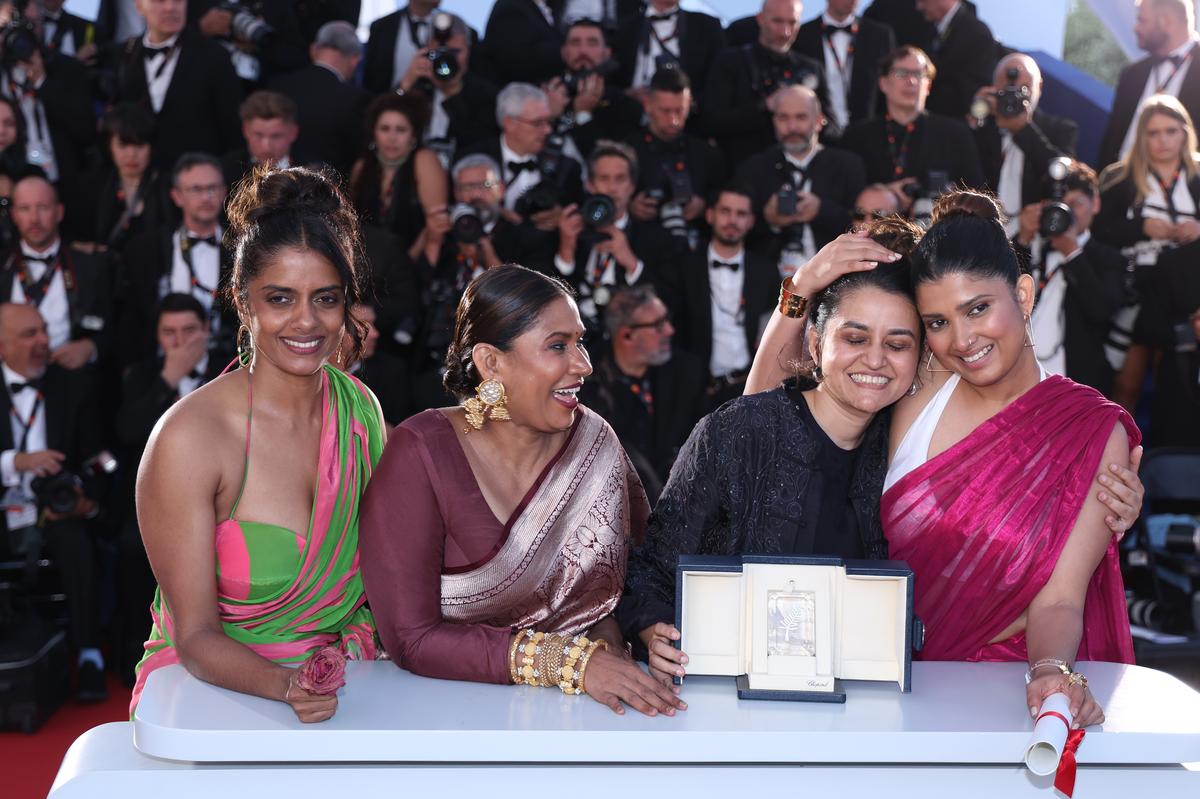 Kani Kusruti, Chhaya Kadam, Payal Kapadia and Divya Prabha pose with the Grand Prix Award for 'All We Imagine As Light' at the 77th annual Cannes Film Festival on May 25, 2024 in Cannes, France.