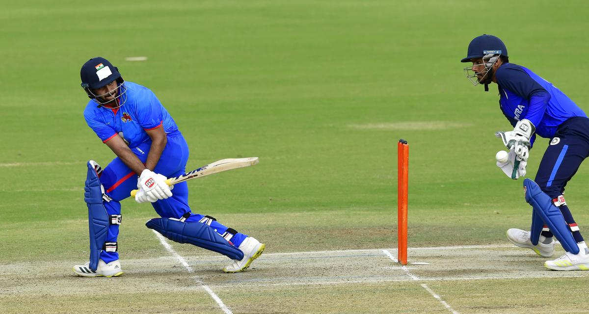 Mumbai’s Shardul Thakur plays a shot during the Vijay Hazare Trophy match against Saurashtra, at the Alur KSCA cricket stadium, in Bengaluru on December 1, 2023.   