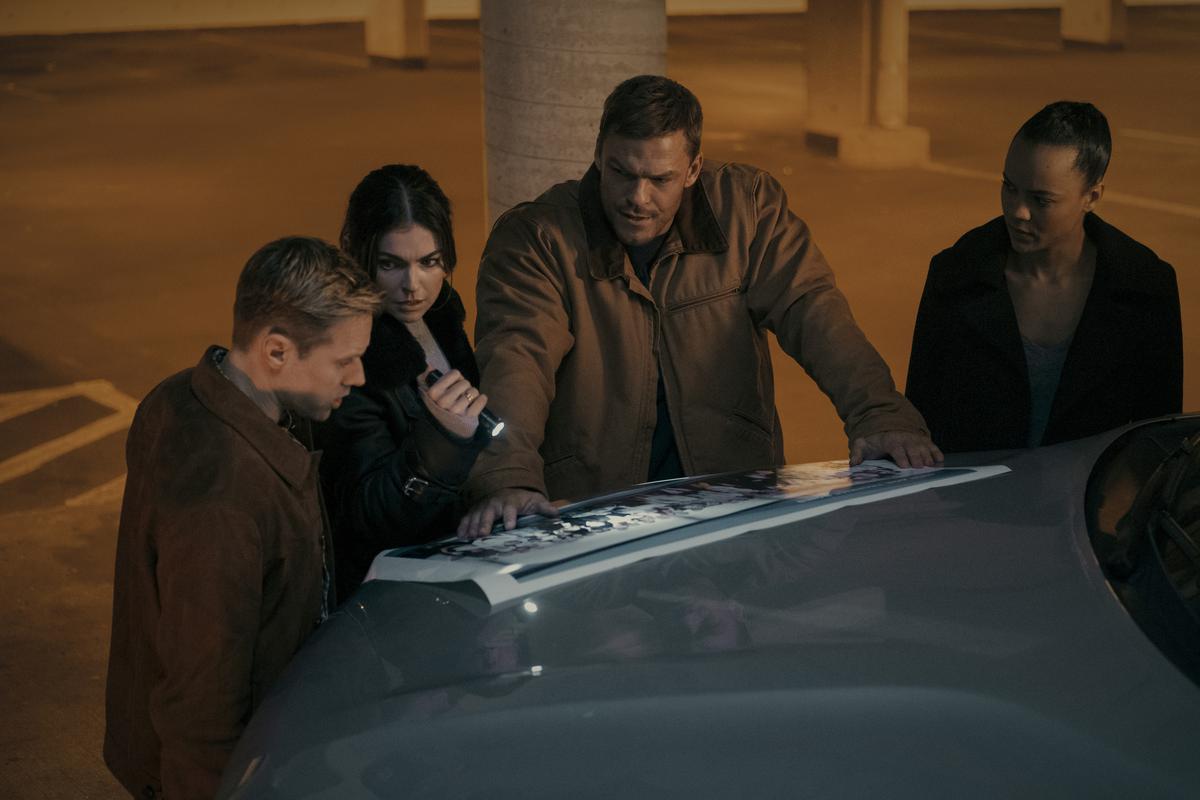 From left: Shaun Sipos, Serinda Swan, Alan Ritchson  and Maria Sten in a scene from ‘Reacher Season 2’