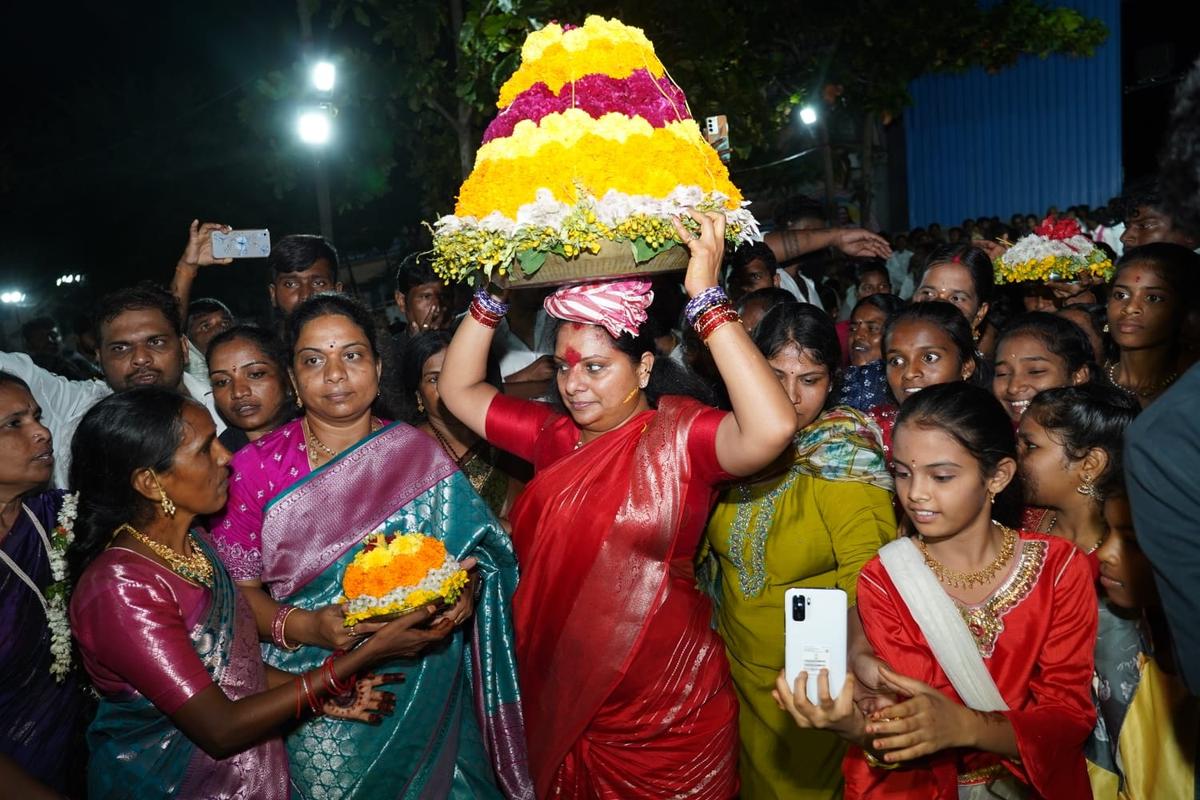 K; Kavitha taking part in the Bathukamma celebrations in Chintamadaka, the native village of BRS chief and former CM K Chandrashekhar Rao in Siddipet district.