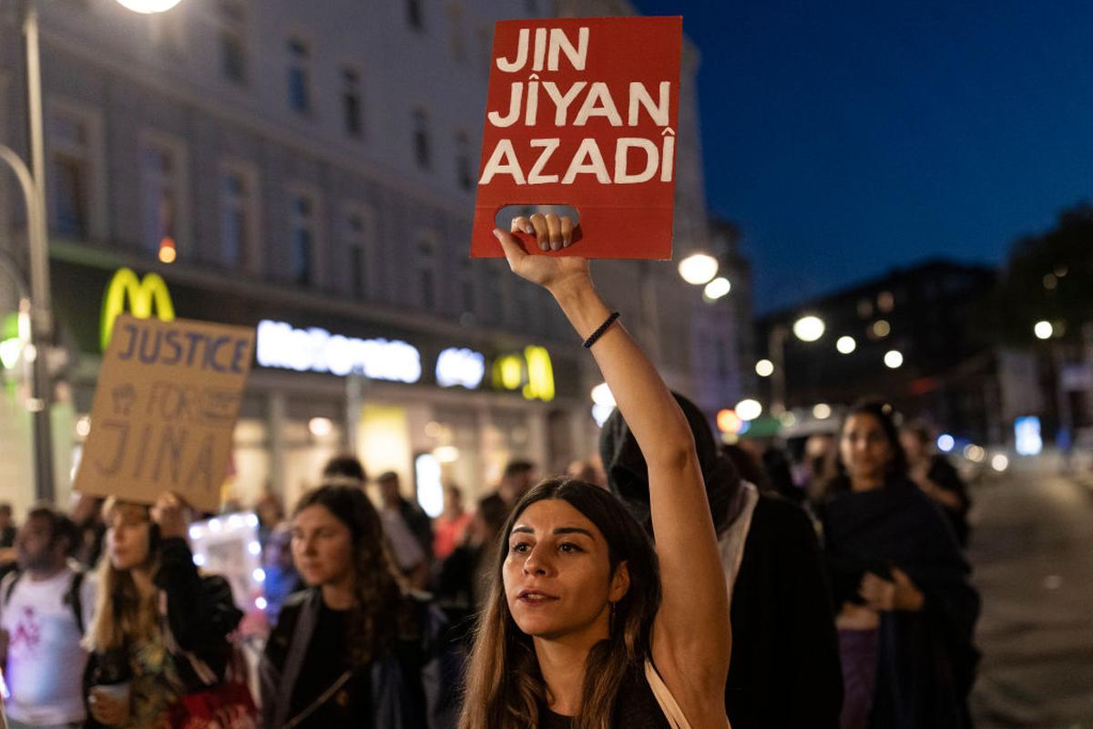 A march in Berlin, 2023, to commemorate the first death anniversary of Iranian student Mahsa Amini, who was allegedly tortured by Iran’s morality police. A march in Berlin, 2023, to commemorate the first death anniversary of Iranian student Mahsa Amini, who was allegedly tortured by Iran’s morality police.
