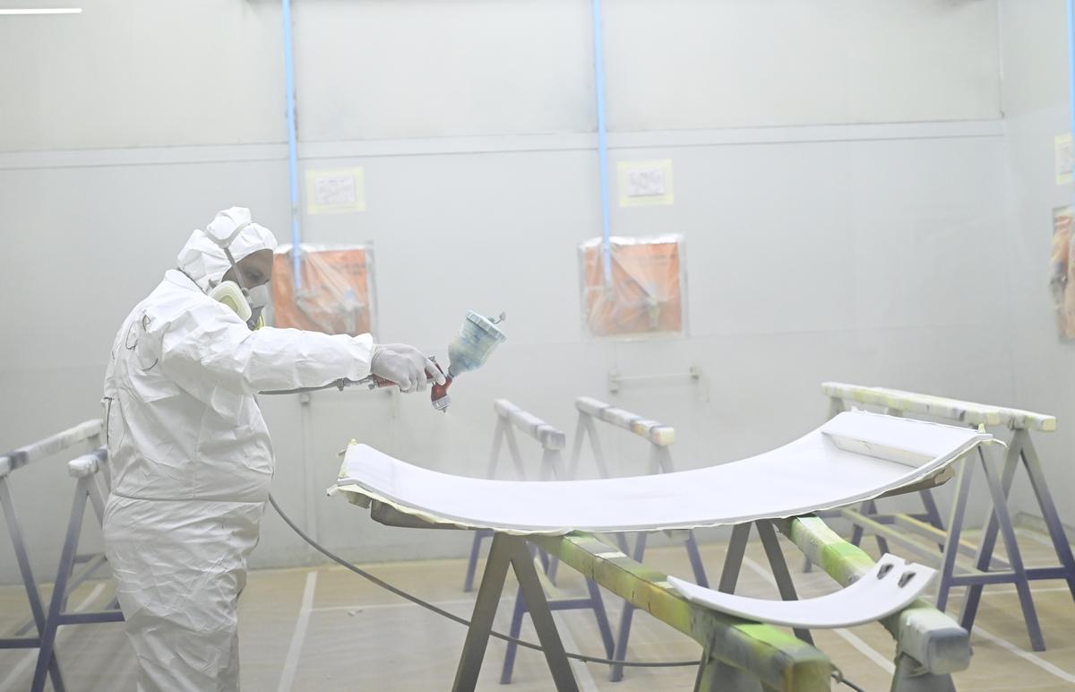 The paint shop at RGIA where aircraft components receive fresh coats.