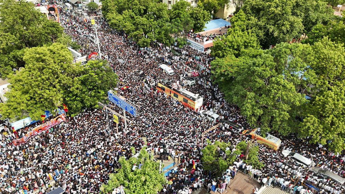 An aerial view of thousands of fans and Tamilaga Vettri Kazhagam (TVK) supporters during a rally of the party chief and actor Vijay, in Tiruchi on September 13, 2025