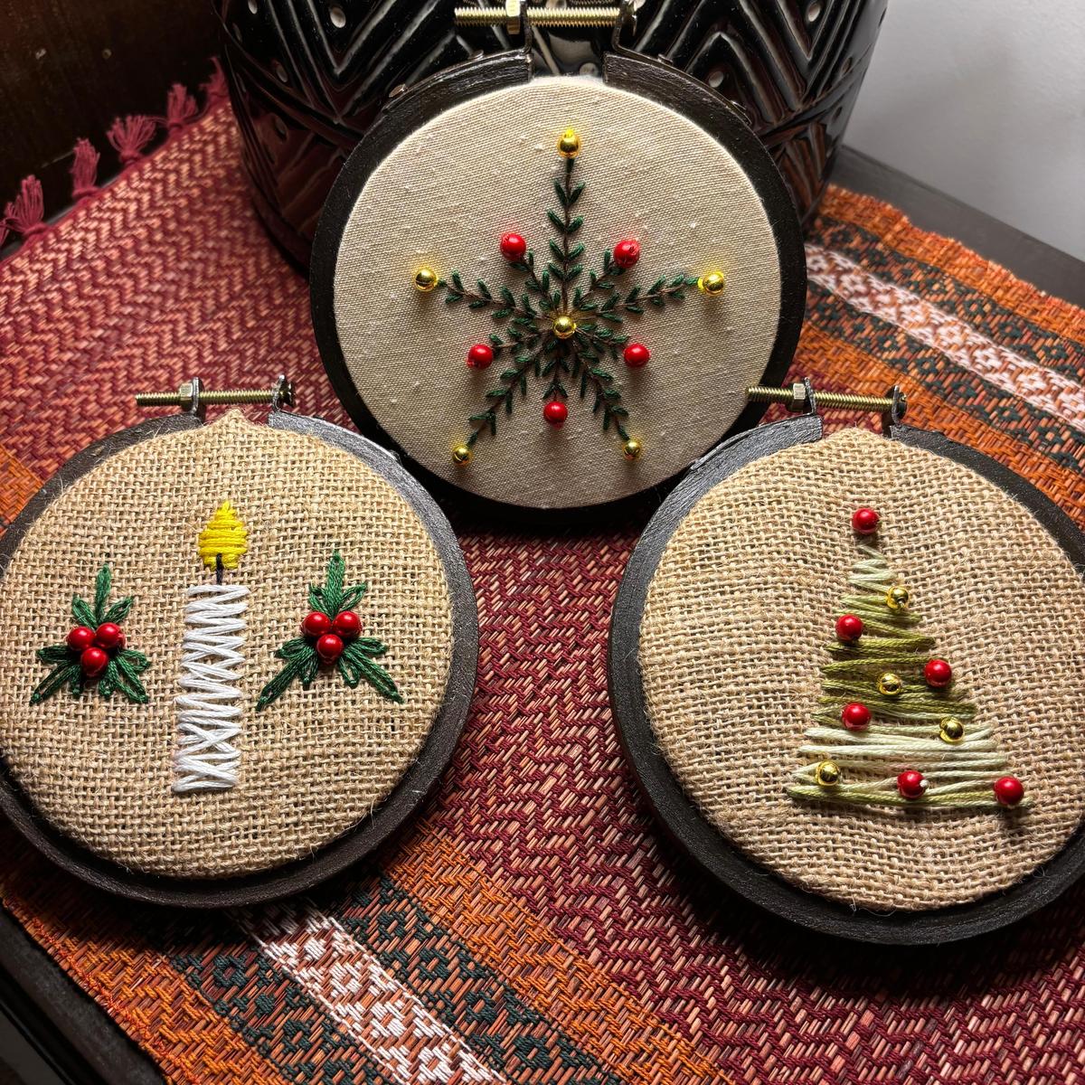 Embroidered Christmas themed hoops by Oonishq.