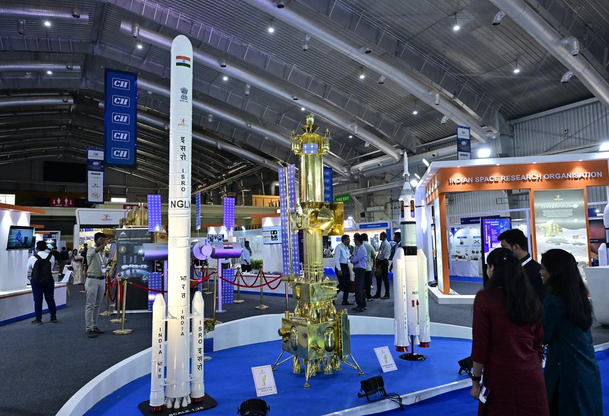 The ISRO stall at 8th edition of Bengaluru Space Expo 2024 at Bangalore International Exhibition Centre on Tumkuru Road in Bengaluru on Wednesday.