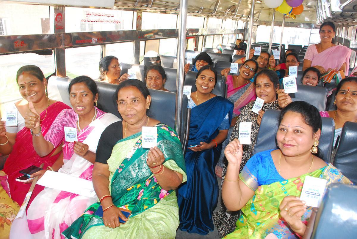 Women traveling in a TSRTC bus after the launch of Mahalakshmi Scheme which provides free bus rides to women, in Sangareddy on December 9, 2023. 