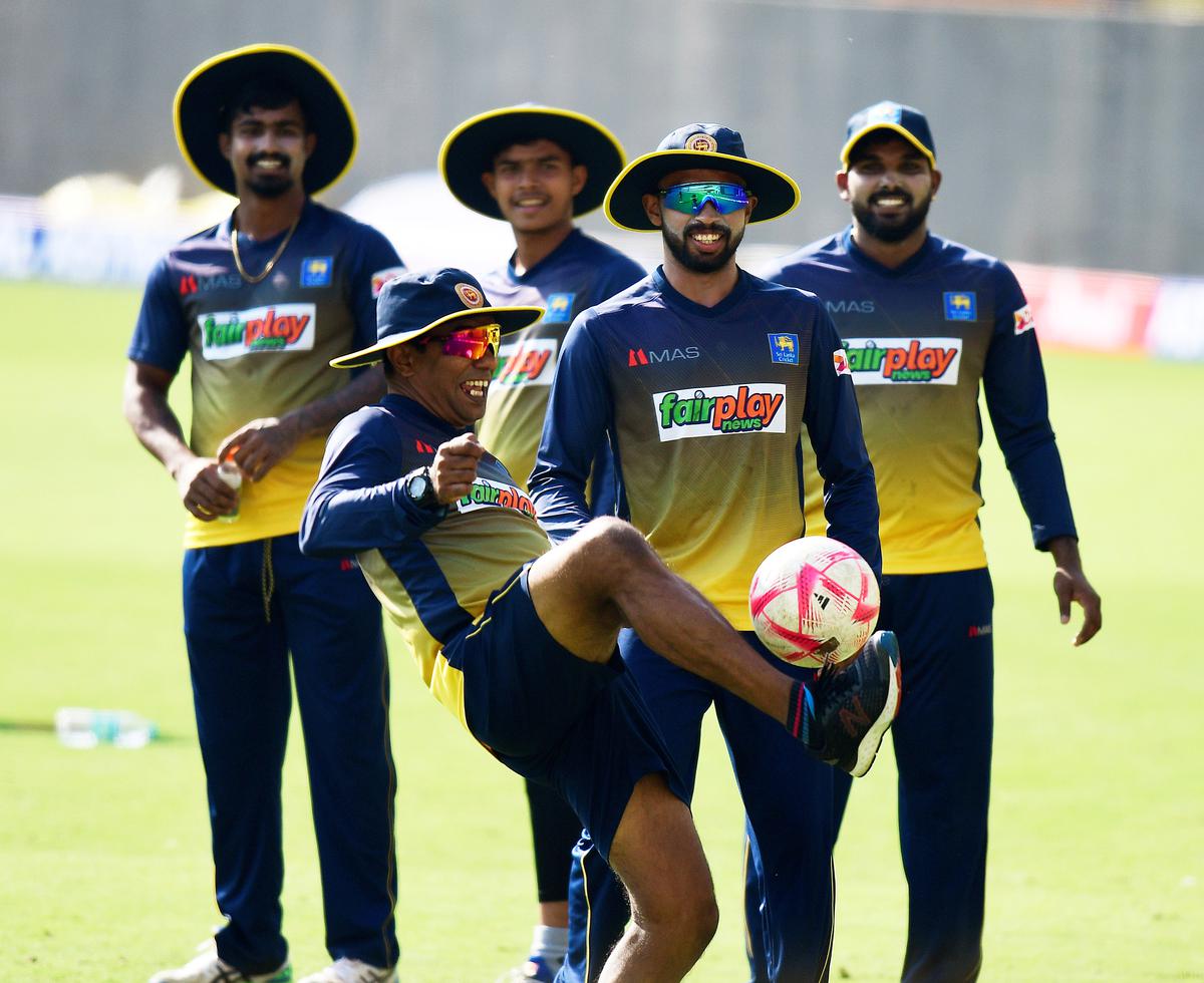 Ready to tussle: Sri Lankan players at practice in Guwahati on Monday.