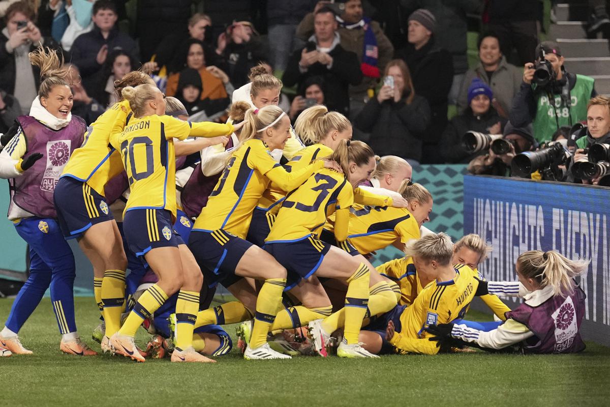 Sweden celebrate after defeating the United States in a penalty shootout in their Women’s World Cup round of 16 soccer match in Melbourne, Australia, on August 6, 2023.