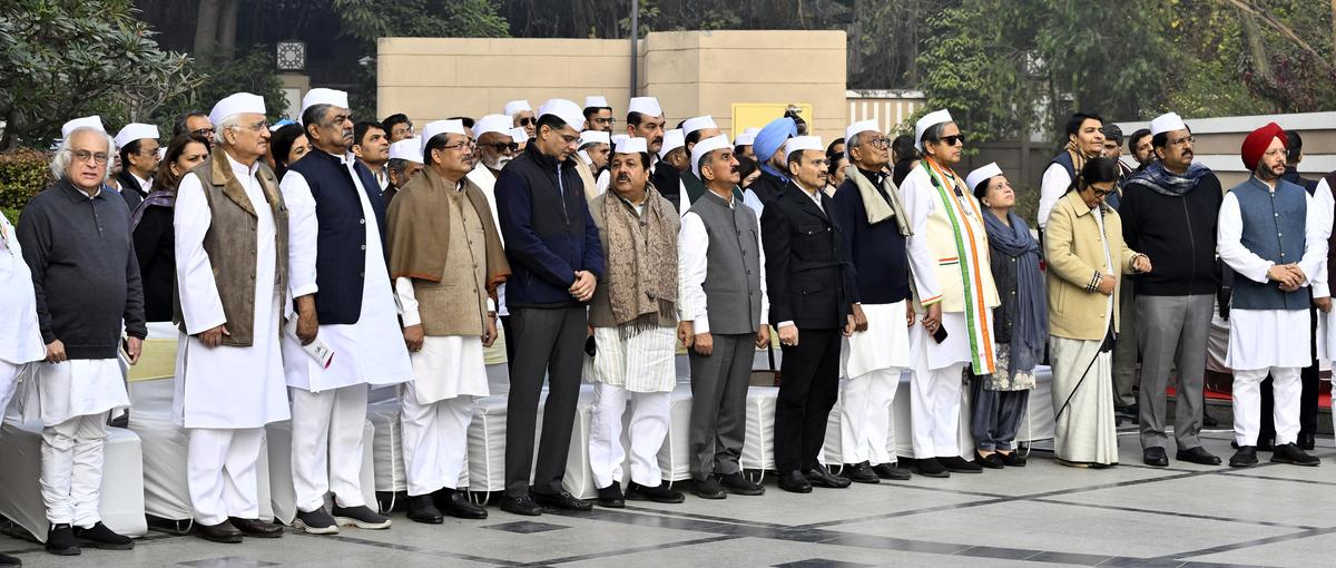 Senior Congress leaders are seen during the party's 140th foundation anniversary in New Delhi on December 28, 2025.