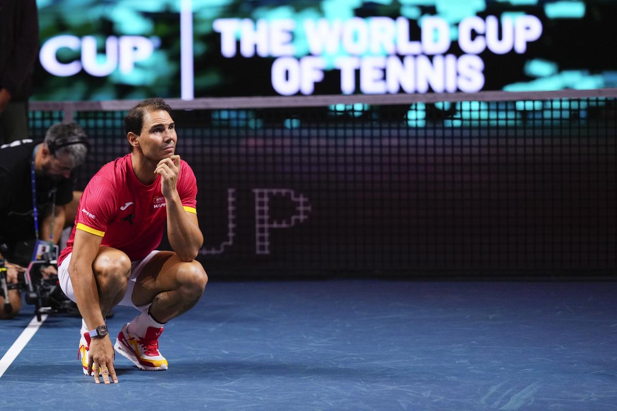 Rafael Nadal during a tribute after playing his last match as a professional tennis player in the Davis Cup quarterfinals at the Martin Carpena Sports Hall in Malaga, southern Spain, on November 20, 2024.