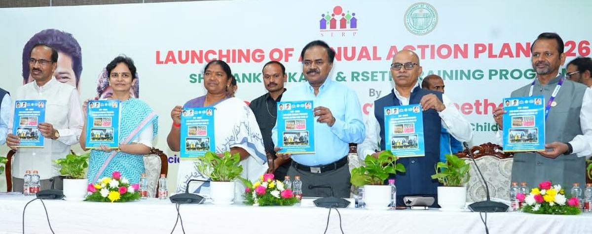 Minister Seethakka and the officials unveiling the SHG Bank Linkage & RSETIs Annual Action Plan 2026-27 organised at Jyotirao Phule Praja Bhavan on Thursday.
