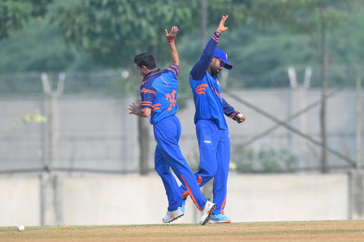 Rajasthan’s players celebrate the fall of a Tamil Nadu's batsman during the Syed Mushtaq Ali Trophy cricket match at the Narendra Modi Stadium, Ahmedabad, Gujarat on Wednesday, November 26, 2025. 