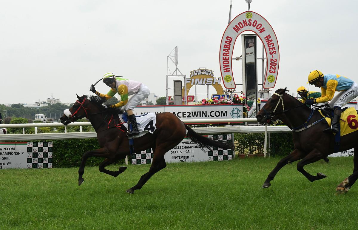 Jockey S. Saqlain rides Huntingdon past the finish line in the HRC Race2win.com The Deccan Colts Championship Stakes, the feature event in Hyderabad on Sunday, September 3, 2023. 
