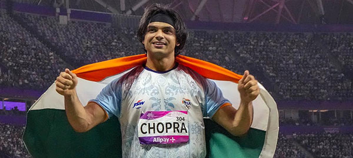 Neeraj Chopra reacts after securing the gold medal at the 19th Asian Games, in Hangzhou, China.