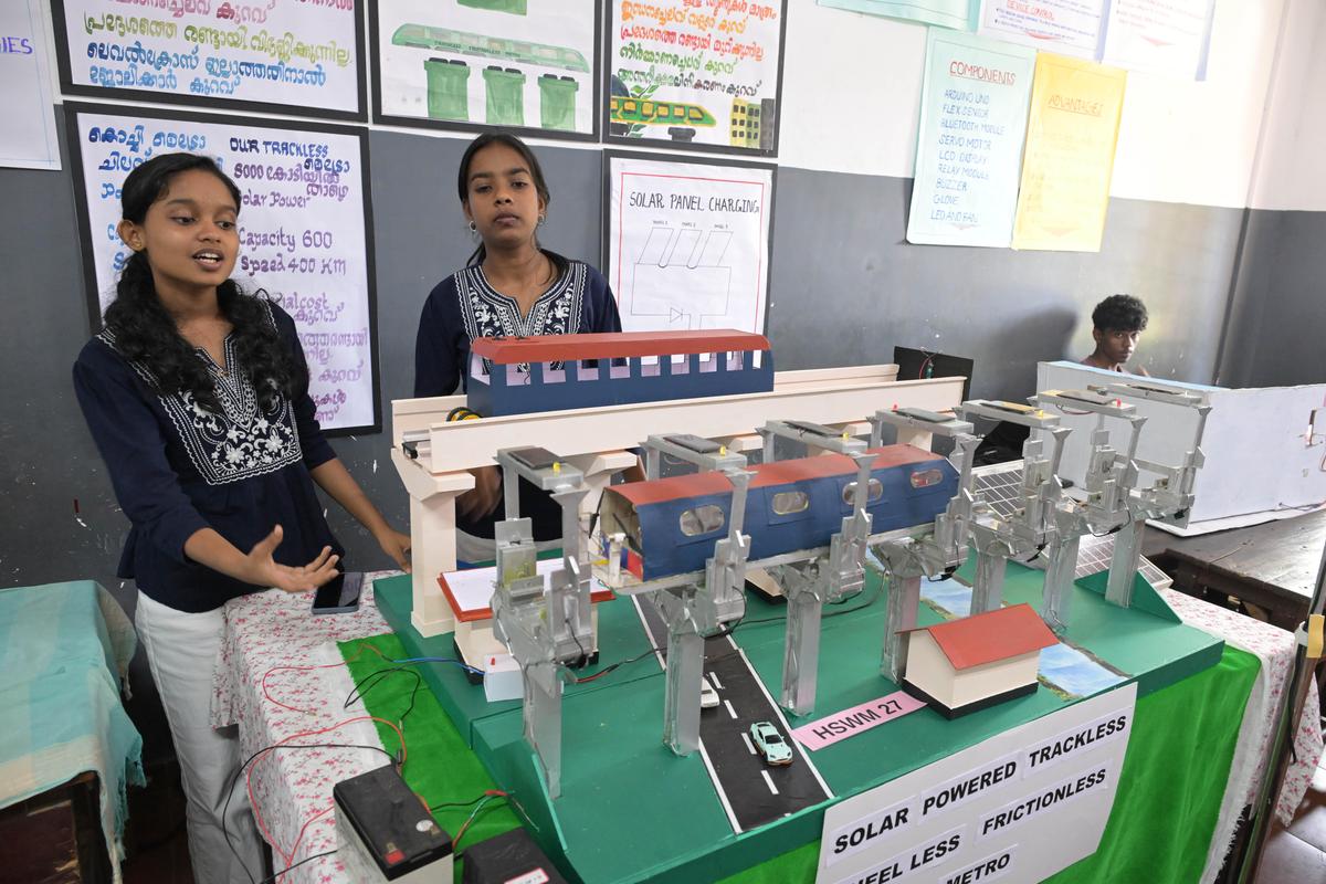 Students from St Thomas HS Marangattupilly, Kottayam , explaining about solar-powered metro in the Working  Model category at Bharatha Matha School, Palakkad, on Saturday. 