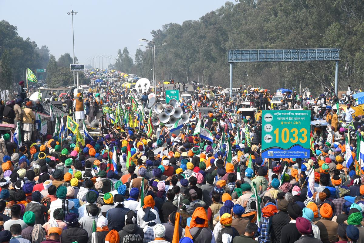Farmers try to advance towards Delhi to seek enactment of a law on minimum support price at Shambhu Barrier in Punjab on February 14, 2024. 