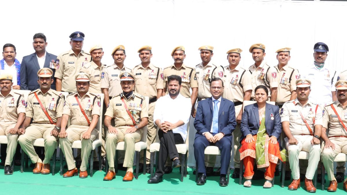 Telangana Chief Minister Revanth Reddy presents gallantry and service medals to police personnel