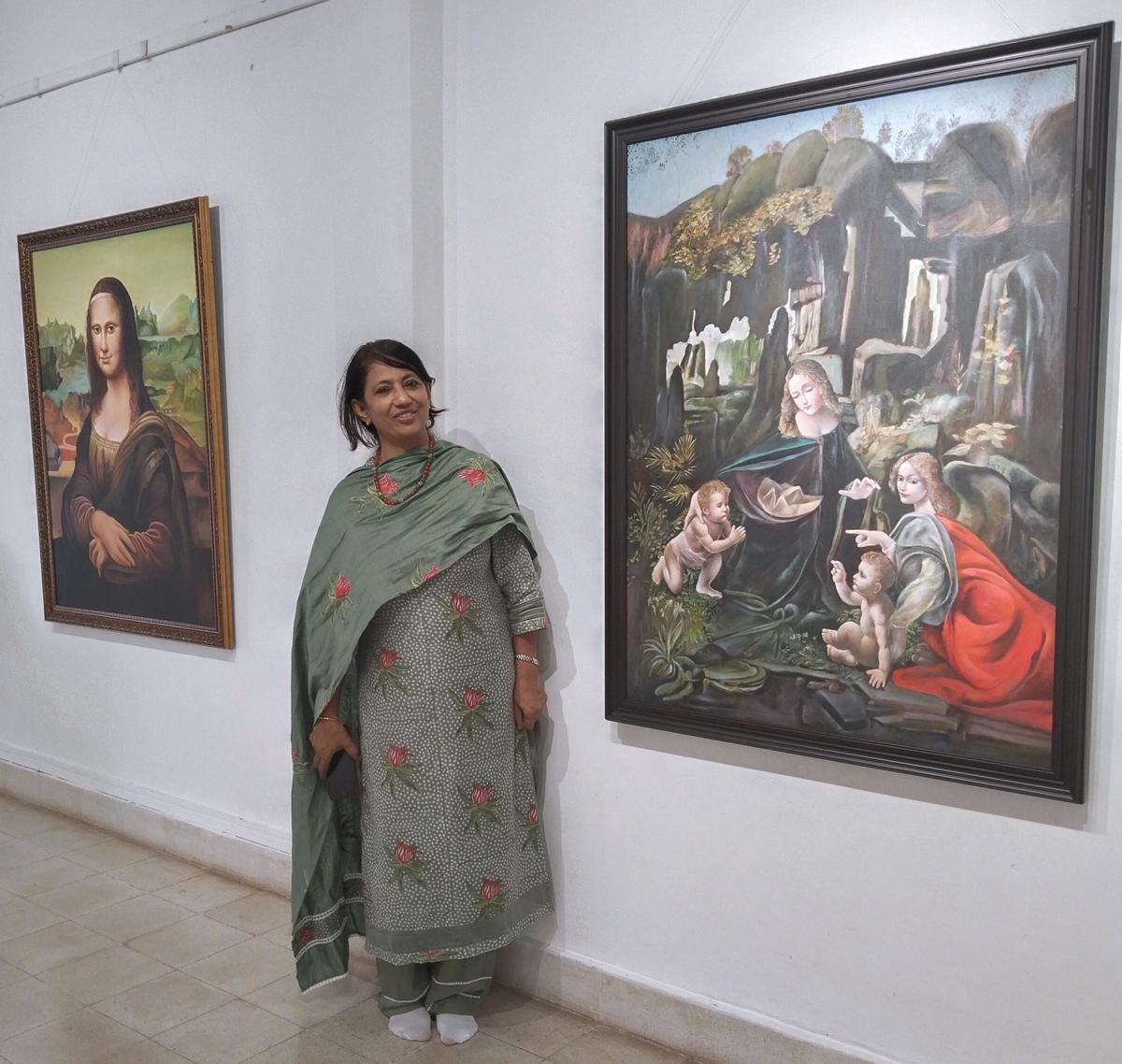 Tomina Mary Jose at her painting exhibition in Thiruvananthapuram