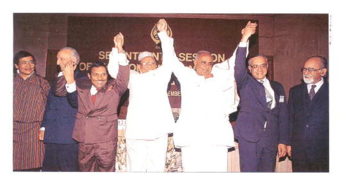 At the South Asian Association for Regional Cooperation ministerial meeting in New Delhi in December 1996, Prime Minister H.D. Deve Gowda with (from left) the Foreign Ministers of Bhutan, Pakistan, Maldives, Bangladesh, Nepal and India.