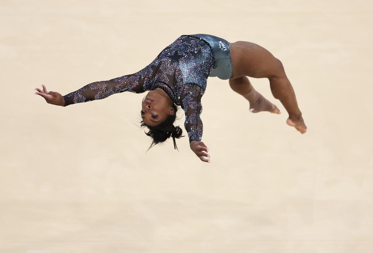 Simone Biles of Team United States competes in the floor exercise during the Artistic Gymnastics Women’s Qualification on day two of the Olympic Games Paris 2024 in Paris on July 28, 2024.