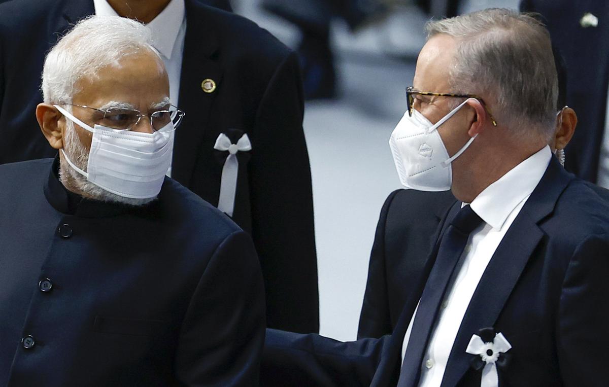 Prime Minister Narendra Modi and Australian Prime Minister Anthony Albanese attend the state funeral for former Japanese Prime Minister Shinzo Abe at Nippon Budokan Hall in Tokyo, Japan, on September 27, 2022. 