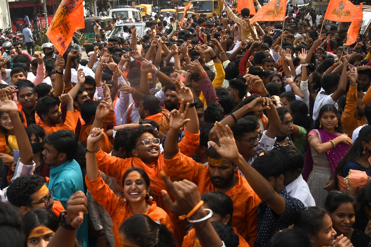 College students taking out a procession on the occasion of Ram Lalla Pran Pratishtha ceremony in Ayodhya, in Hyderabad. 