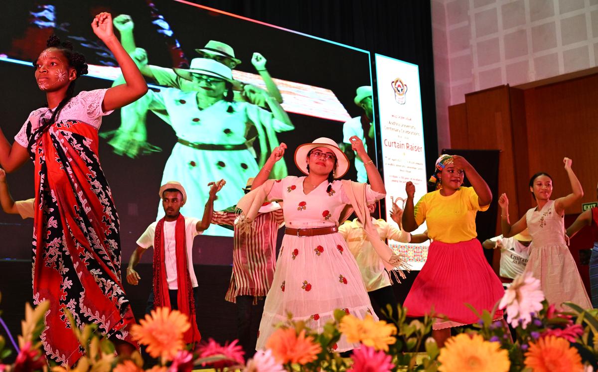 International students of Andhra University performing at the inaugural session of the centenary celebrations of Andhra University in Visakhapatnam on Saturday.