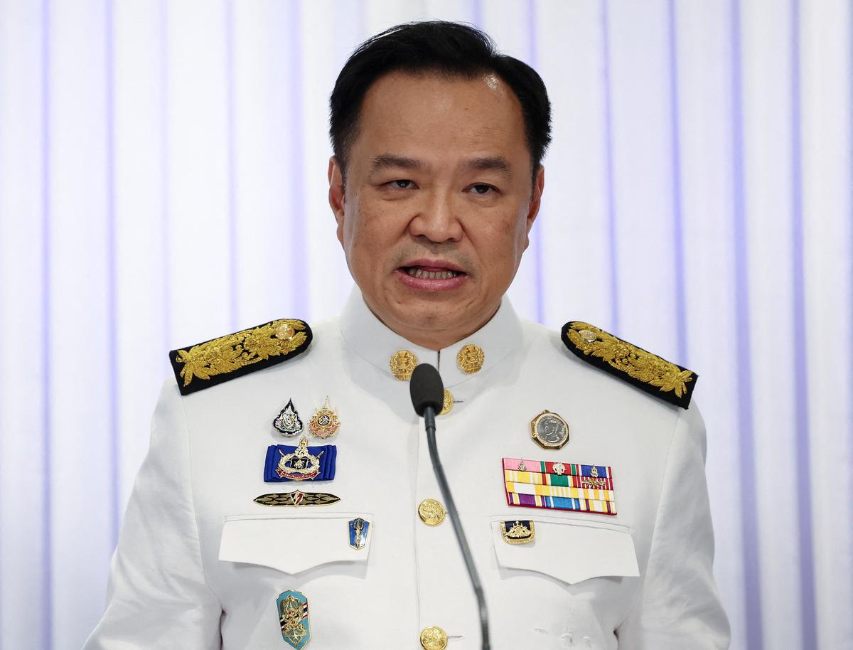 Thailand’s Prime Minister Anutin Charnvirakul attends a press conference at the Bhumjaithai party headquarters after a royal endorsement ceremony in Bangkok on September 7, 2025