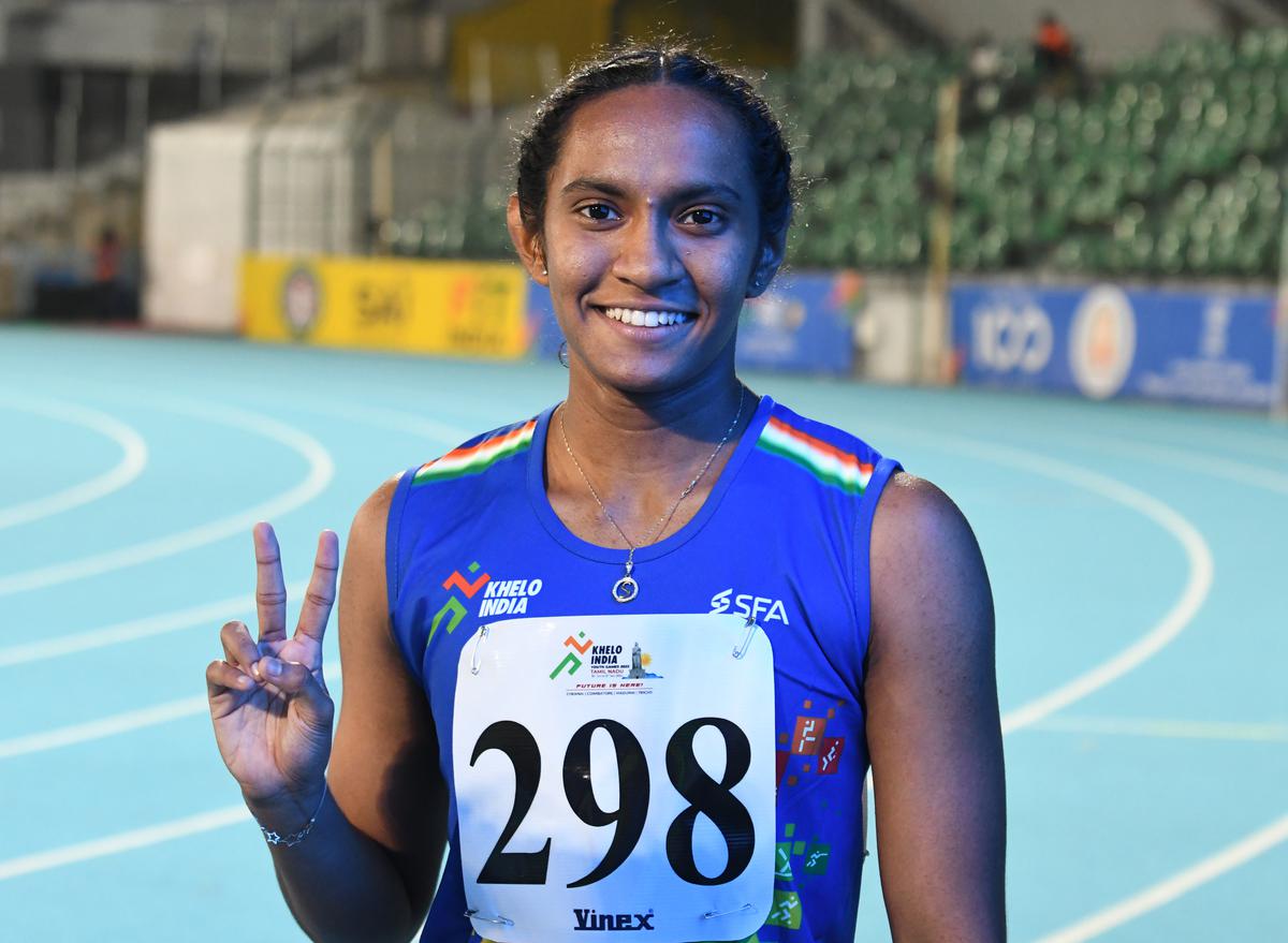 Maharashtra’s Siya Sawant who won the girls’ 100m at the Khelo India Youth games at the Jawaharlal Nehru stadium in Chennai on Wednesday, January 24, 2024.