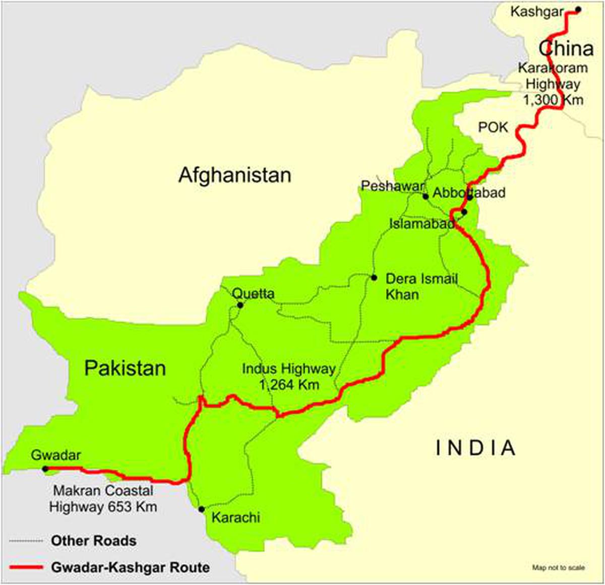 CPEC routes from Pakistan’s Gwadar port in PoK to China’s Kashgar in Xinjiang district