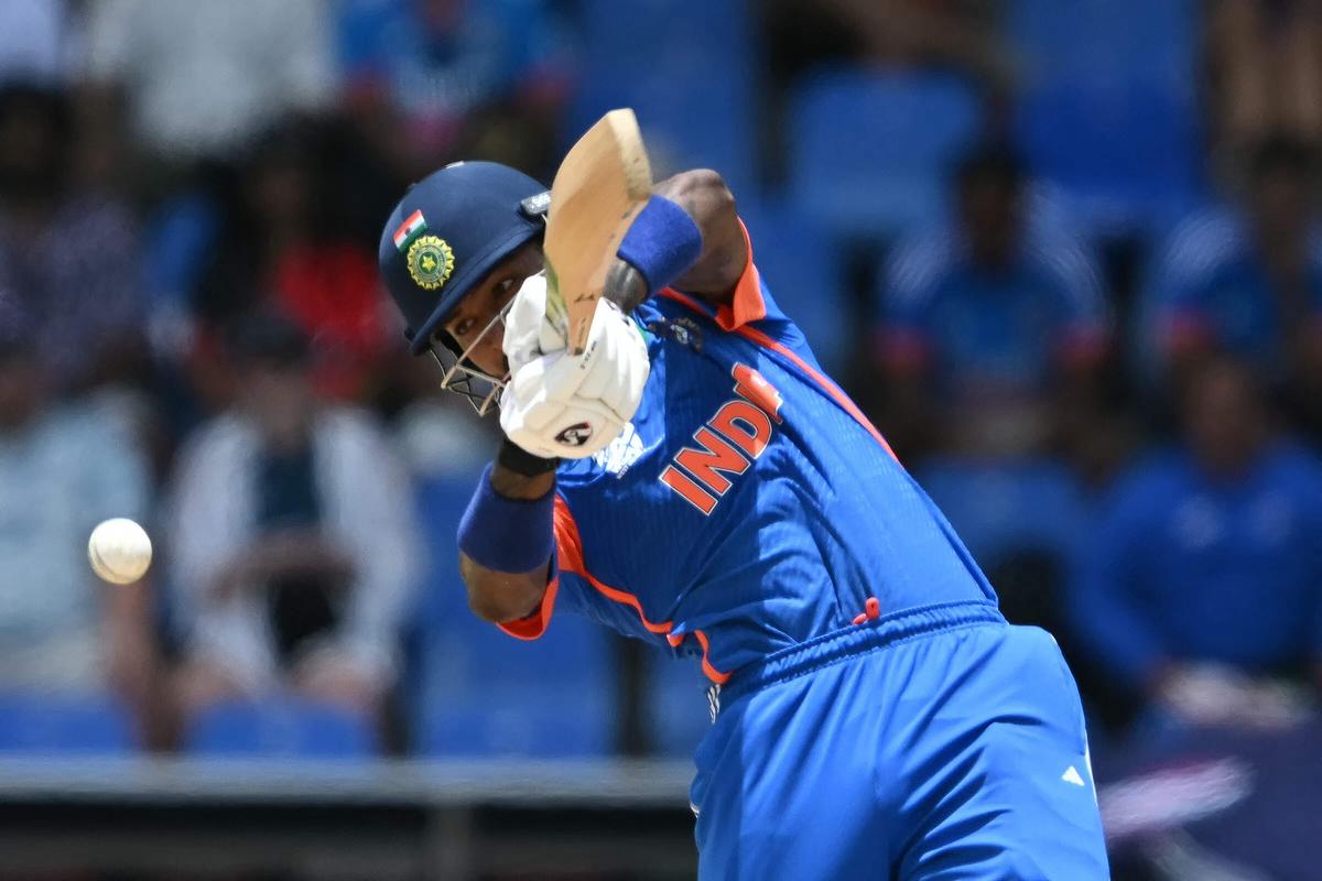 Hardik Pandya plays a shot during the ICC men’s Twenty20 World Cup 2024 Super Eight cricket match between India and Bangladesh at Sir Vivian Richards Stadium in North Sound, Antigua and Barbuda on June 22, 2024.