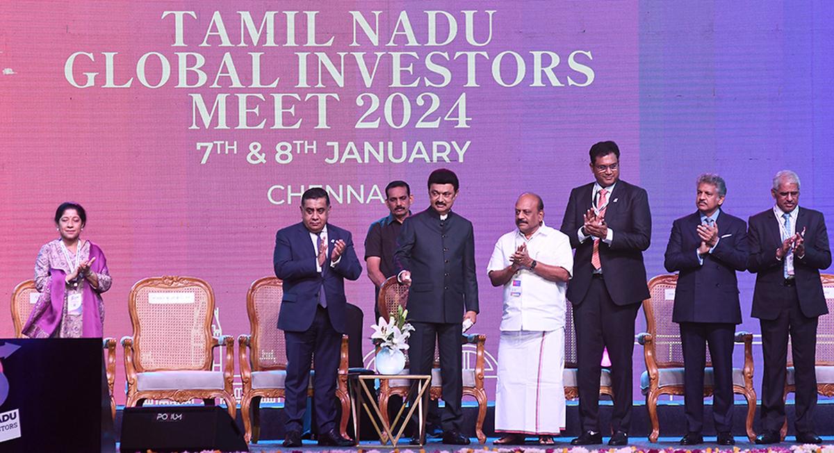Tamil Nadu Chief Minister M. K. Stalin, Inaugurating new industry project at various district, with Mahindra Group Chairman Anand Mahindra, Minister of State, United Kingdom, Tariq Ahmad, Minister for Industries T.R.B. Rajaa and others at the valedictory ceremony of the Global Investors Meet-2024, at Nandambakkam in Chennai.