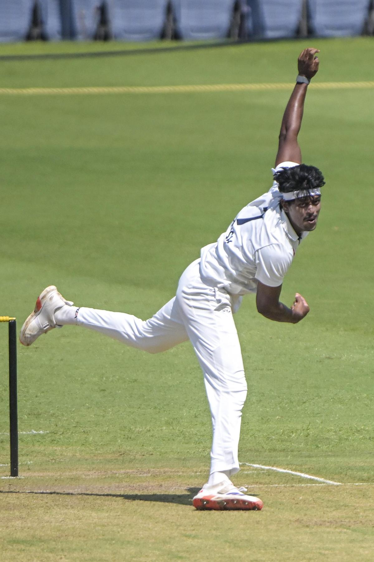 Maharashtra’s Ramakrishna Ghosh in action on the first day of Ranji Trophy match against Karnataka at the MCA Stadium in Pune on Saturday, November 8, 2025.