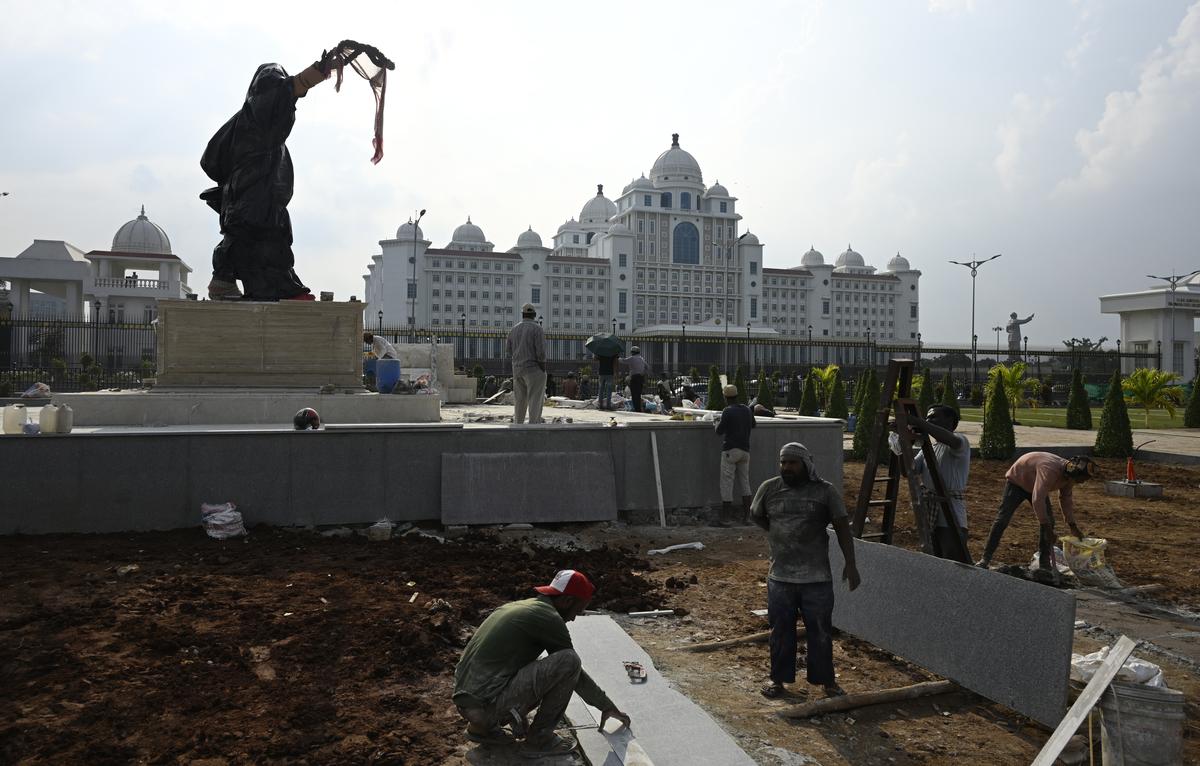 Former Prime Minister Rajiv Gandhi’s statue opposite the Telangana State Secretariat. It is yet to be unveiled. File. Former Prime Minister Rajiv Gandhi’s statue opposite the Telangana State Secretariat. It is yet to be unveiled. File.