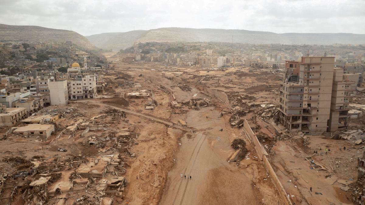A general view shows destroyed buildings and houses in the aftermath of a deadly storm and flooding, in Derna, on September 18, 2023.