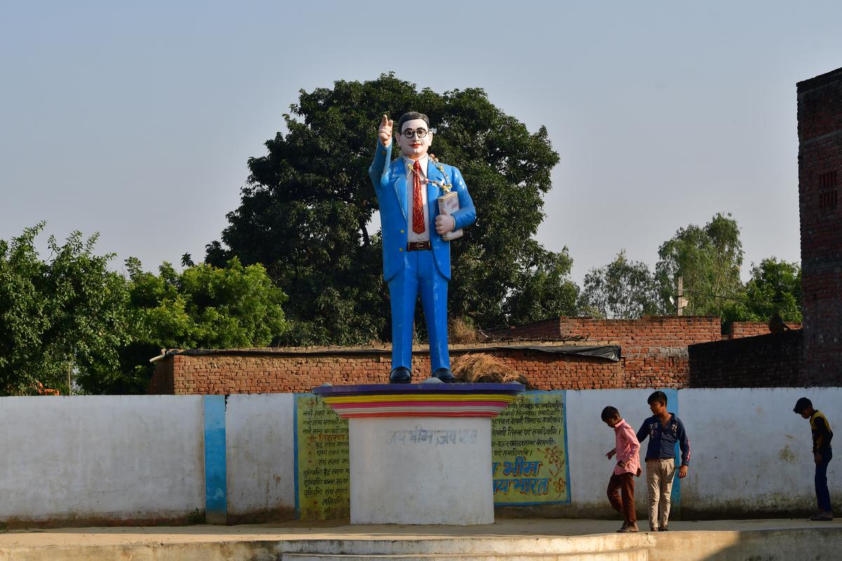 A statue of Dr. B.R. Ambedkar stands firm in Tanda village just a few kilometres from where a similar statue was brought down by the local administration in Sirauli. 