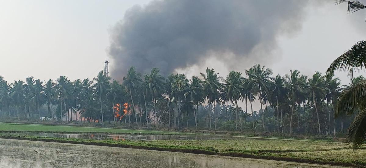 Fire engulfs the ONGC natural gas well Mori-5 following a leak at Irusumanda village in Malkipuram mandal of Dr. B. R. Ambedkar Konaseema district on Monday.