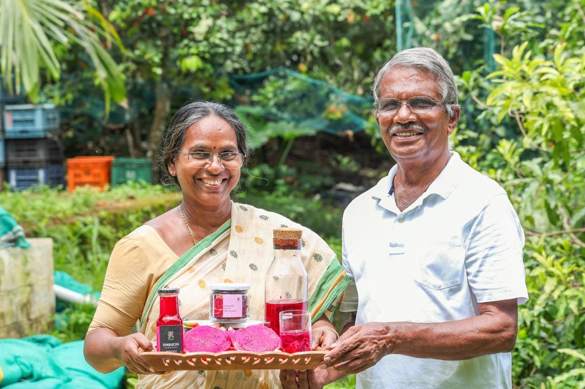 Shobhan Vijayan and P Vijayan with dragon fruit kombucha and dry dragon fruit slices Shobhan Vijayan and P Vijayan with dragon fruit kombucha and dry dragon fruit slices