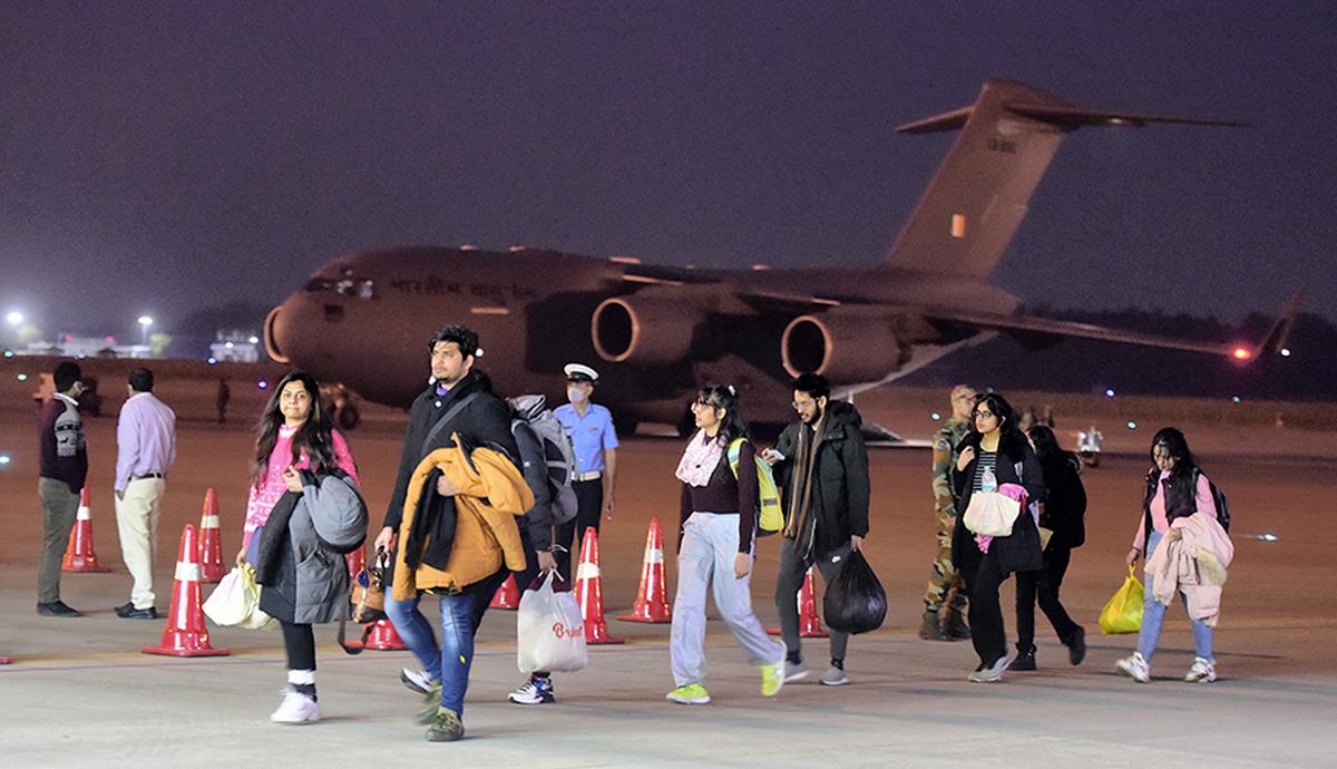 A file photo of Indian nationals who were evacuated from war-hit Ukraine arriving at Hindan airbase near Delhi. A file photo of Indian nationals who were evacuated from war-hit Ukraine arriving at Hindan airbase near Delhi.