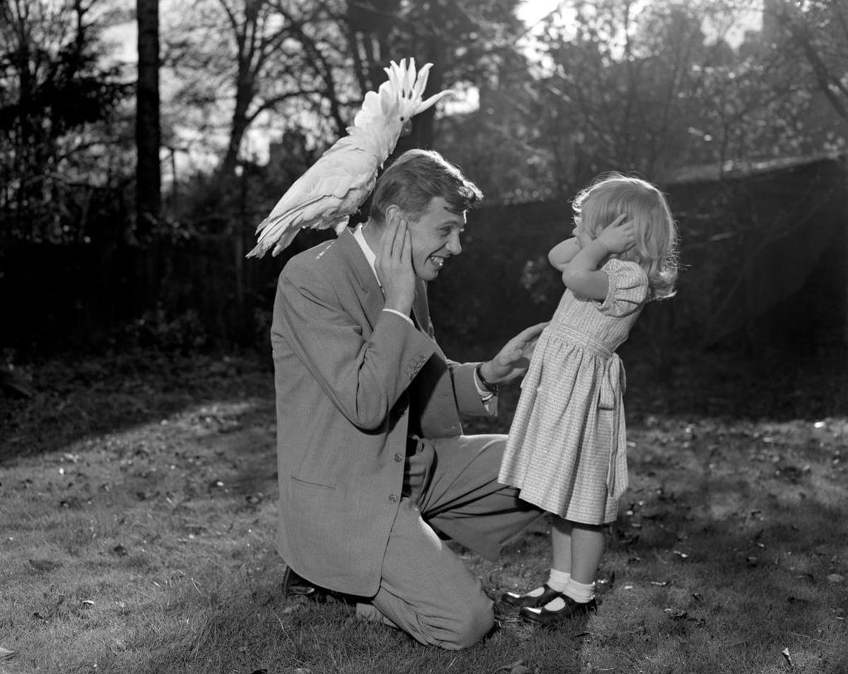 Three-year-old Susan and her father David Attenborough cover their ears as a sulphur-crested cockatoo lets out a piercing shriek. The bird was brought to the U.K. from New Guinea, which Attenborough had visited for his 'Zoo Quest' series.